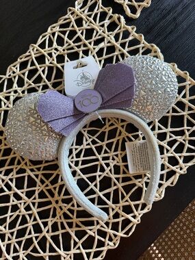 Disney Silver Glitter Minnie Ear Headband with Purple Bow